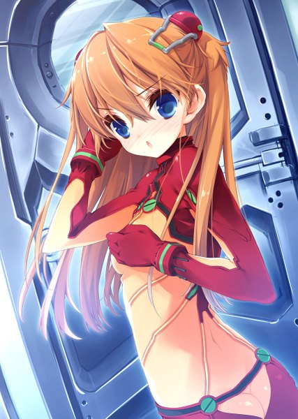 Anime picture 860x1209 with neon genesis evangelion rebuild of evangelion evangelion: 2.0 you can (not) advance gainax soryu asuka langley shikinami asuka langley show (rinnetenshow) single long hair tall image looking at viewer blush open mouth blue eyes orange hair girl hair ornament pilot suit