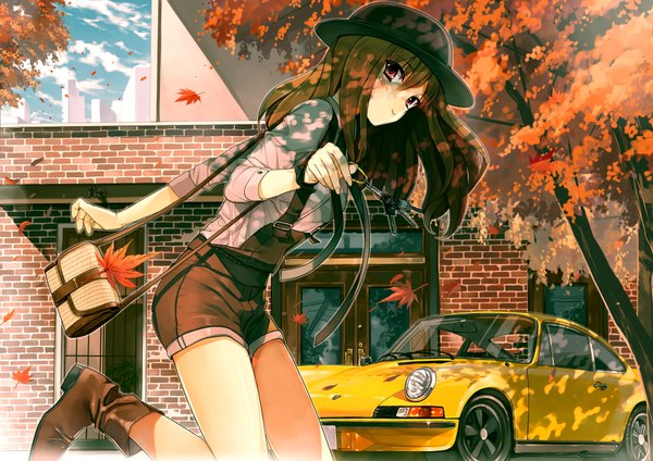 Anime picture 2000x1414 with original porsche gaou (umaiyo puyoman) single long hair highres red eyes brown hair autumn girl plant (plants) hat tree (trees) shorts leaf (leaves) ground vehicle car key overalls