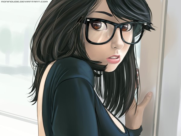 Anime picture 800x600 with real life laurelle ronin dude (ray cornwell) single long hair looking at viewer fringe black hair brown eyes lips girl glasses
