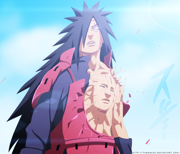 Anime picture 1000x858 with naruto studio pierrot naruto (series) uchiha madara themnaxs single long hair fringe open mouth black hair purple eyes sky cloud (clouds) sunlight hair over one eye coloring torn clothes magic rinnegan boy