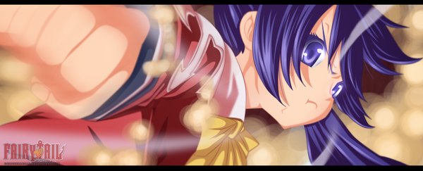 Anime picture 2168x880 with fairy tail wendy marvell designerrenan single long hair highres wide image purple eyes purple hair inscription coloring smoke girl bowtie fist