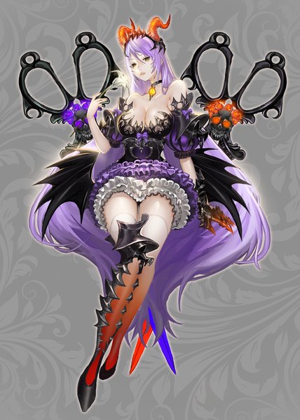 Anime picture 2976x4175 with pantsumoriko single tall image fringe highres breasts light erotic large breasts bare shoulders cleavage purple hair very long hair grey eyes zettai ryouiki demon wings glow girl thighhighs dress bow