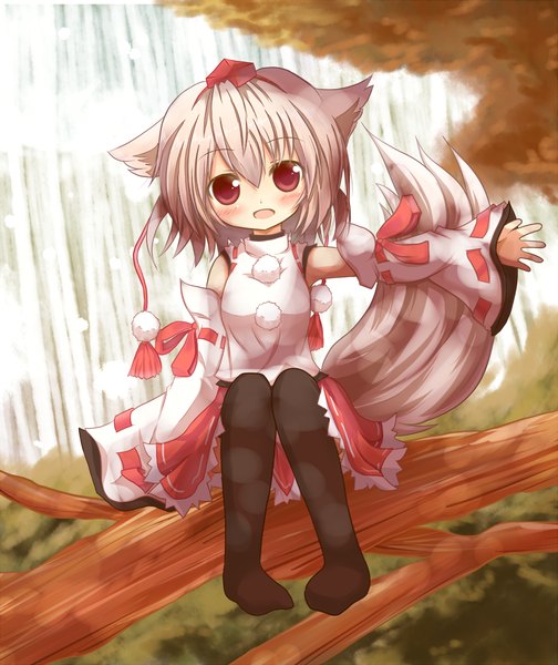 Anime picture 1000x1189 with touhou inubashiri momiji yuuhagi (artist) single tall image looking at viewer blush short hair open mouth red eyes sitting bare shoulders silver hair wolf ears wolf tail wolf girl tree sitting girl thighhighs skirt