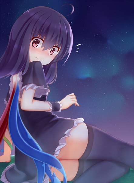 Anime picture 1400x1900 with touhou houjuu nue ddt (darktrident) single tall image looking at viewer blush fringe short hair light erotic black hair hair between eyes red eyes sitting ahoge bent knee (knees) looking back from behind night arm support