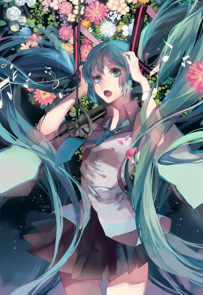 Anime picture 2031x2952 with vocaloid hatsune miku dj.adonis single long hair tall image fringe highres breasts open mouth blue eyes standing twintails looking away very long hair nail polish pleated skirt fingernails aqua hair wide sleeves