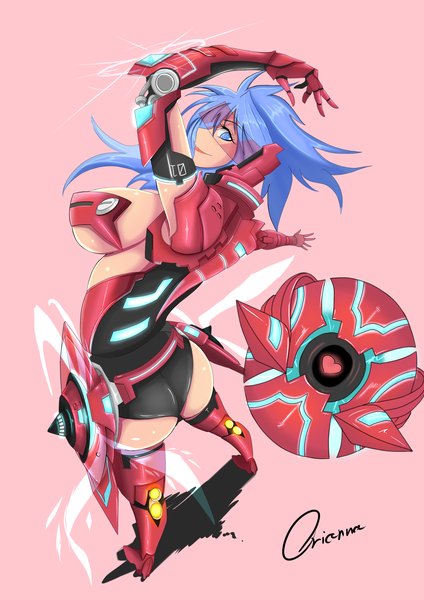 Anime picture 2480x3507 with league of legends orianna (league of legends) torahime (roland00) single long hair tall image highres breasts blue eyes light erotic simple background smile large breasts blue hair pink background girl ball