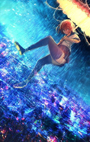 Anime picture 1047x1637 with original tarbo (exxxpiation) single tall image looking at viewer fringe short hair blue eyes smile hair between eyes cloud (clouds) full body bent knee (knees) red hair pleated skirt sunlight zettai ryouiki city soles rain
