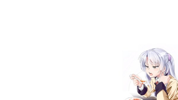 Anime picture 1920x1080 with angel beats! key (studio) tachibana kanade long hair highres open mouth wide image white background yellow eyes white hair eating girl uniform school uniform tongue spoon