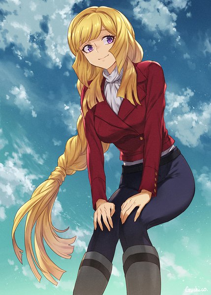 Anime picture 715x1000 with mobile suit gundam gundam tekketsu no orphans sunrise (studio) kudelia aina bernstein guchico single tall image looking at viewer blonde hair purple eyes sky cloud (clouds) braid (braids) very long hair girl jacket