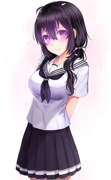 Anime picture 567x915 with original miyaura sanshio beifeng han single long hair tall image looking at viewer fringe short hair breasts black hair simple background smile hair between eyes large breasts standing white background twintails ahoge head tilt