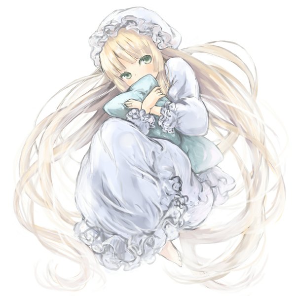 Anime picture 1000x1000 with gosick studio bones victorique de blois aquariumtama single blush simple background blonde hair white background green eyes lying very long hair barefoot girl pillow nightie