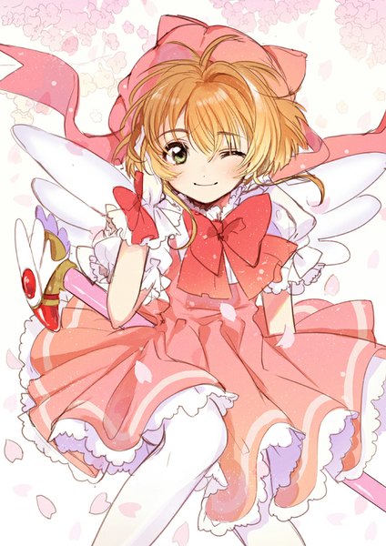 Anime picture 661x936 with card captor sakura clamp kinomoto sakura fly (marguerite) single tall image looking at viewer blush fringe short hair smile brown hair green eyes one eye closed wink hand on head magical girl girl gloves hat