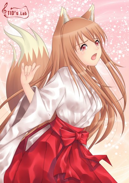Anime picture 743x1052 with spice and wolf horo tidsean single long hair tall image open mouth red eyes brown hair animal ears tail traditional clothes animal tail miko wolf ears wolf tail wolf girl girl