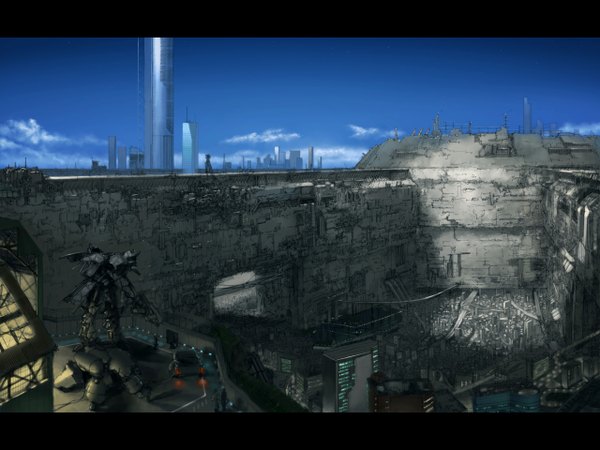 Anime picture 1280x960 with sky city landscape wall mecha road mozuo highway