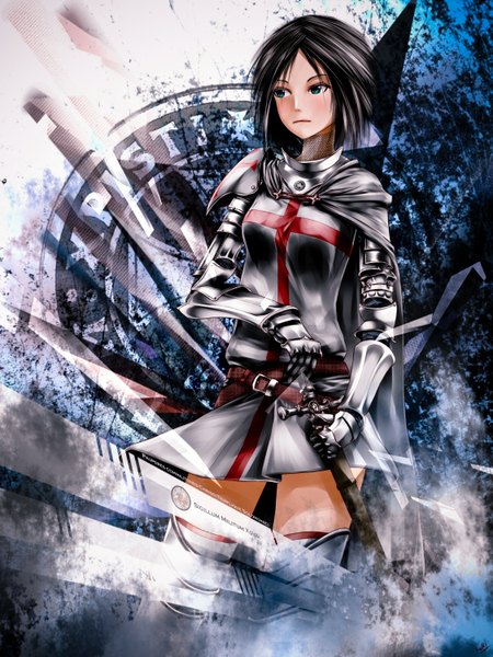Anime picture 1125x1500 with original saiki (artist) single tall image short hair black hair green eyes girl weapon sword belt armor