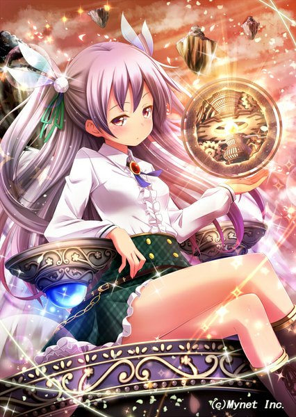 Anime picture 568x800 with original sui. (ayase) single long hair tall image light erotic twintails brown eyes sky purple hair cloud (clouds) crossed legs light girl skirt ribbon (ribbons) hair ribbon boots frills thigh boots