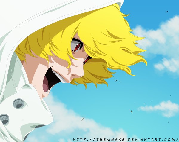 Anime picture 3000x2395 with bleach studio pierrot gremmy thoumeaux themnaxs single highres short hair open mouth blonde hair red eyes sky cloud (clouds) coloring close-up boy hood