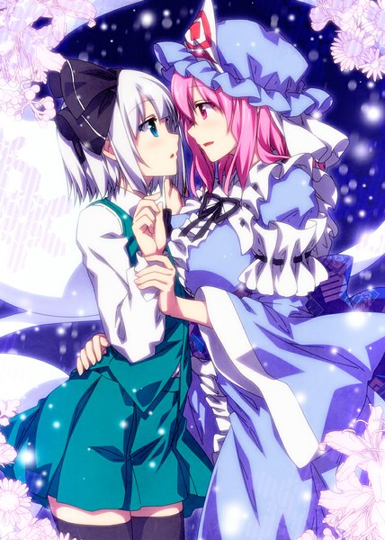 Anime picture 800x1120 with touhou konpaku youmu saigyouji yuyuko myon sazanami mio long hair tall image blush fringe short hair open mouth blue eyes multiple girls pink hair white hair blunt bangs traditional clothes japanese clothes profile pink eyes