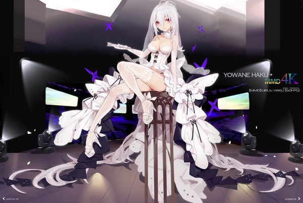 Anime picture 2000x1345 with vocaloid yowane haku kiwamu single looking at viewer fringe highres breasts light erotic hair between eyes red eyes large breasts sitting bare shoulders cleavage silver hair full body ahoge ponytail very long hair