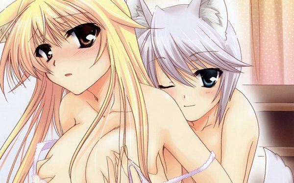 Anime picture 1440x900 with kanokon minamoto chizuru ezomori nozomu light erotic wide image breast grab