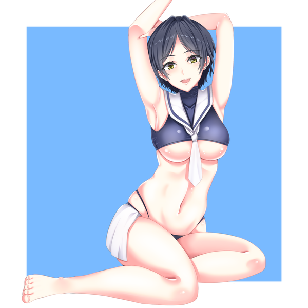 Anime picture 2000x2000 with idolmaster idolmaster cinderella girls hayami kanade fosamaguna single blush highres short hair breasts open mouth light erotic black hair yellow eyes barefoot bare legs girl navel necktie