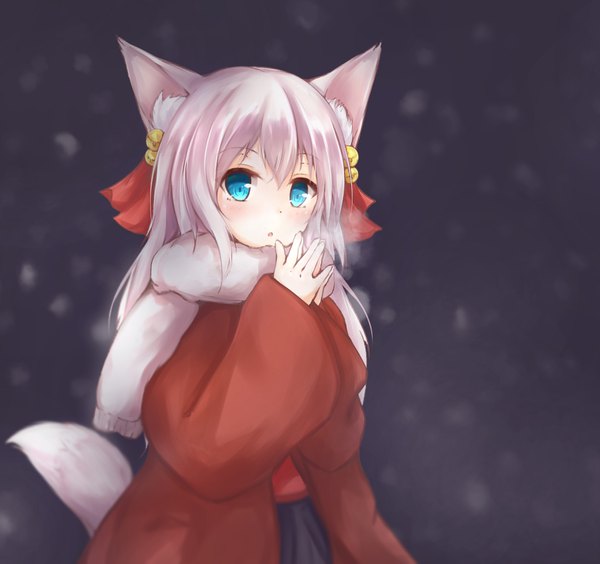 Anime picture 1552x1461 with original kashiwagi yamine single long hair looking at viewer fringe open mouth blue eyes hair between eyes animal ears payot silver hair upper body tail long sleeves animal tail wide sleeves snowing exhalation hand to mouth
