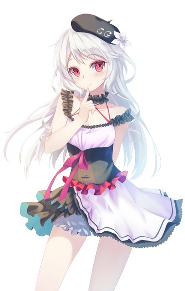 Anime picture 2898x4541 with original zi se single long hair tall image looking at viewer blush highres smile white background white hair pink eyes finger to mouth girl dress flower (flowers) beret