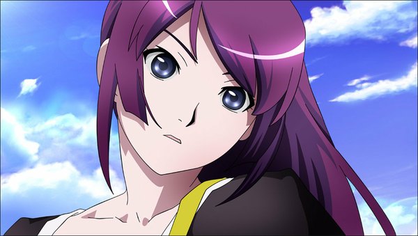 Anime picture 1024x579 with bakemonogatari shaft (studio) monogatari (series) senjougahara hitagi single long hair fringe blue eyes wide image sky purple hair cloud (clouds) head tilt close-up face girl