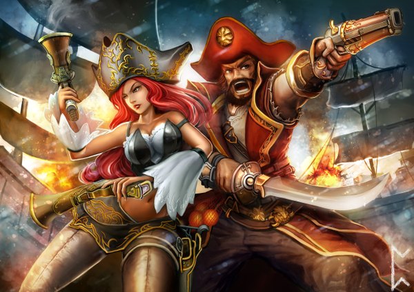 Anime picture 4961x3508 with league of legends miss fortune (league of legends) gangplank (league of legends) gevurah-studios (artist) long hair highres brown eyes absurdres red hair black eyes pirate girl boy weapon detached sleeves sword gun fire beard watercraft