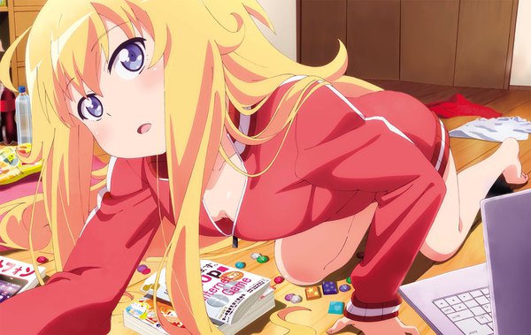 Anime picture 1500x948 with gabriel dropout doga kobo tenma gabriel white watanabe mai single long hair looking at viewer blush open mouth light erotic blonde hair purple eyes :o on all fours body blush clothes on floor girl food pillow room