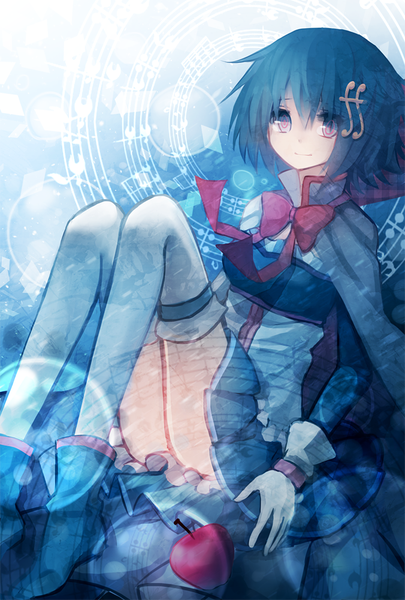 Anime picture 676x1000 with mahou shoujo madoka magica shaft (studio) miki sayaka oktavia von seckendorff cuivre single tall image looking at viewer short hair blue eyes smile sitting blue hair girl thighhighs gloves hair ornament white thighhighs boots white gloves
