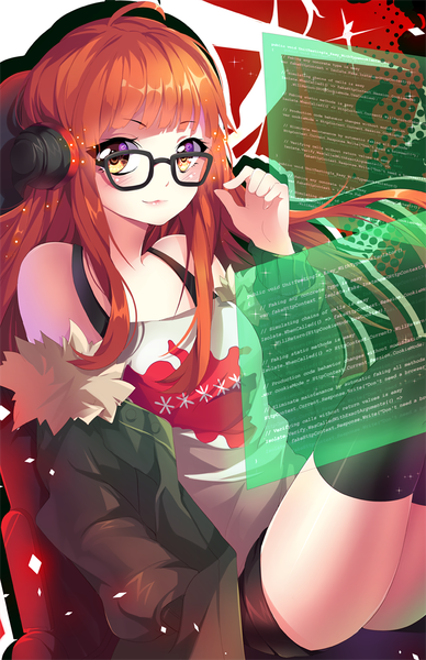 Anime picture 809x1250 with persona 5 persona sakura futaba squchan single long hair tall image looking at viewer blush light erotic smile yellow eyes ahoge bent knee (knees) orange hair off shoulder open jacket hand in pocket girl thighhighs