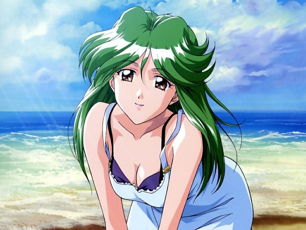 Anime picture 1024x768 with tokimeki memorial tokimeki memorial girls' side tokimeki memorial 2 asou kasumi brown eyes green hair leaning leaning forward beach