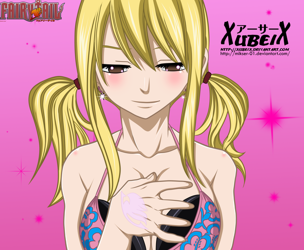 Anime picture 5057x4159 with fairy tail lucy heartfilia gold-mk single long hair blush highres light erotic blonde hair simple background smile twintails bare shoulders brown eyes absurdres inscription tattoo coloring portrait pink background