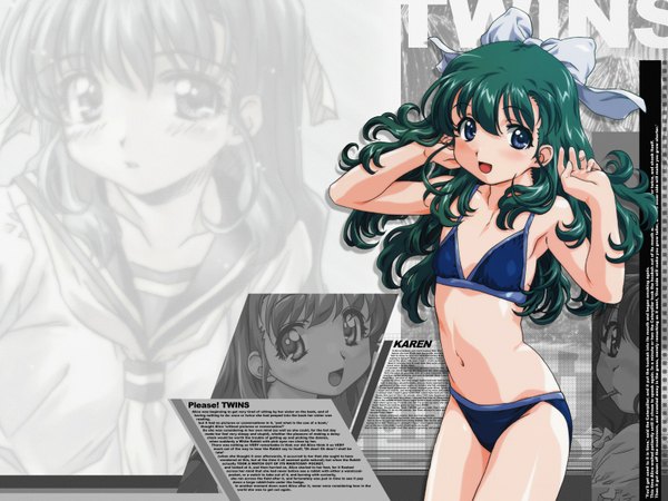 Anime picture 1600x1200 with onegai twins onodera karen blush open mouth blue eyes light erotic green hair girl bow swimsuit hair bow bikini