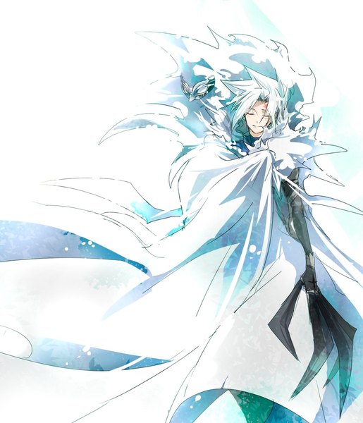 Anime picture 1009x1174 with d.gray-man allen walker shumiko (kamenokoueki) single tall image short hair simple background smile standing white background white hair eyes closed light smile facial mark boy fur cloak mask claws