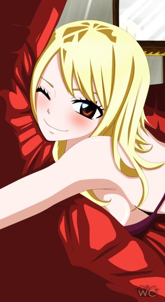 Anime picture 1200x2194 with fairy tail lucy heartfilia lworldchiefl single long hair tall image blush blonde hair smile brown eyes one eye closed wink coloring girl