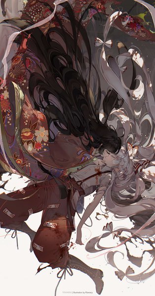 Anime picture 638x1219 with touhou fujiwara no mokou houraisan kaguya kawacy tall image fringe black hair multiple girls bent knee (knees) white hair blunt bangs eyes closed very long hair traditional clothes japanese clothes wide sleeves torn clothes floral print shoujo ai kiss