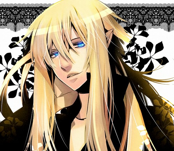 Anime picture 1134x992 with original shijuu hachi single long hair looking at viewer fringe blue eyes blonde hair smile pointy ears boy