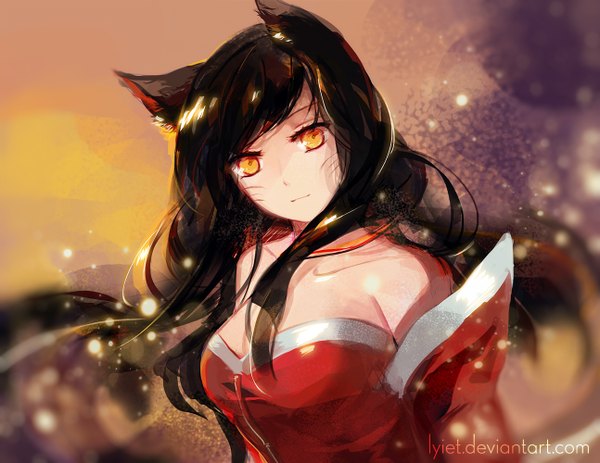 Anime picture 1294x1000 with league of legends ahri (league of legends) lyiet single long hair looking at viewer fringe breasts black hair large breasts bare shoulders signed animal ears yellow eyes payot sky cleavage upper body traditional clothes head tilt