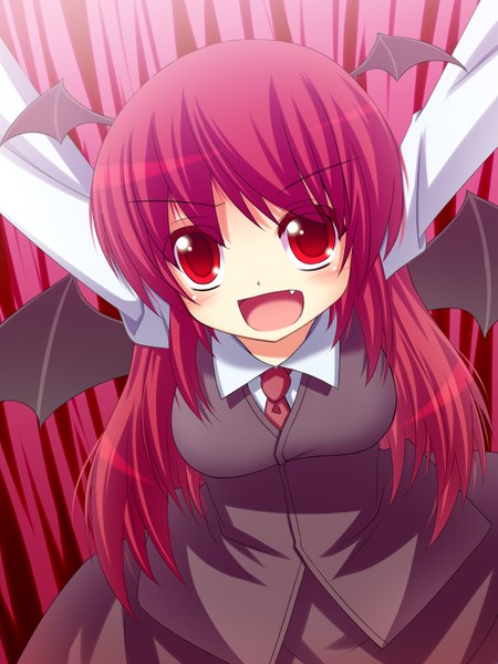 Anime picture 1200x1600 with touhou koakuma shefu single long hair tall image open mouth red eyes red hair teeth fang (fangs) head wings girl wings
