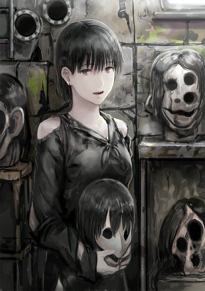 Anime picture 827x1169 with original kamemushi (hoozuki) single tall image looking at viewer fringe short hair breasts open mouth black hair red eyes bare shoulders torn clothes girl mask tiles demon mask