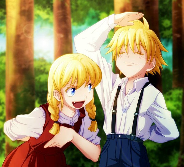 Anime picture 1127x1024 with chrono crusade gonzo rosette christopher joshua christopher hao-hime blush fringe short hair open mouth blue eyes blonde hair smile braid (braids) eyes closed teeth fang (fangs) twin braids coloring girl dress