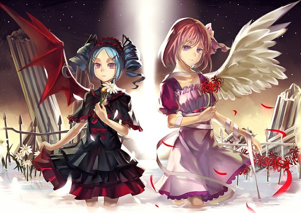 Anime picture 1000x707 with the innocent luna:eclipsed sinners rifsom looking at viewer short hair red eyes twintails purple eyes multiple girls blue hair pink hair drill hair short twintails angel wings bat wings girl dress hair ornament flower (flowers) bow ribbon (ribbons)