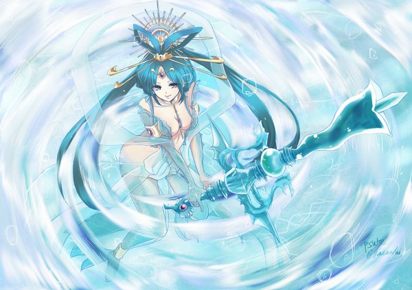 Anime picture 1280x904 with magi the labyrinth of magic a-1 pictures ren kougyoku breasts light erotic standing signed barefoot aqua eyes light smile from above aqua hair inscription bare legs alternate costume alternate color hair ornament weapon