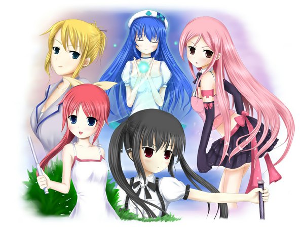 Anime picture 1024x768 with pangya kooh arin lucia hana cecilia long hair black hair blonde hair red eyes twintails green eyes blue hair pink hair ponytail eyes closed skirt ribbon (ribbons) hat