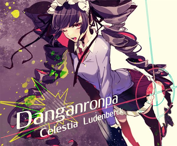 Anime picture 1068x882 with dangan ronpa celestia ludenberg makoto (roketto-massyumaro) single looking at viewer open mouth red eyes brown hair twintails very long hair one eye closed wink inscription character names drill hair girl thighhighs skirt uniform ribbon (ribbons)