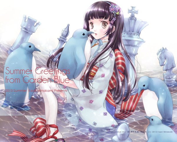 Anime picture 1280x1024 with original minakami kaori long hair looking at viewer blush fringe open mouth black hair sitting brown eyes long sleeves hair flower wide sleeves partially submerged wet clothes checkered floor girl thighhighs hair ornament flower (flowers)