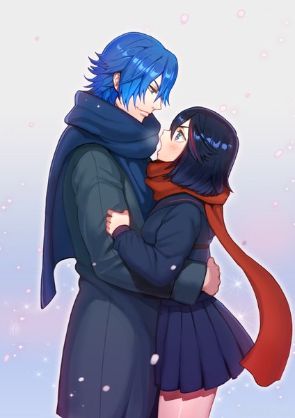 Anime picture 650x919 with kill la kill studio trigger matoi ryuuko mikisugi aikurou lloule tall image short hair open mouth blue eyes black hair smile blue hair profile multicolored hair two-tone hair streaked hair couple hug snowing face to face