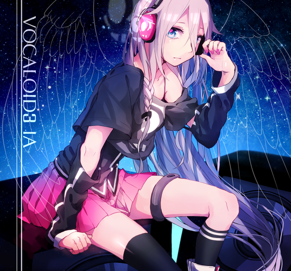 Anime picture 1000x932 with vocaloid ia (vocaloid) pecchii single long hair looking at viewer fringe blue eyes sitting bare shoulders white hair braid (braids) pleated skirt night night sky twin braids mountain fake wings girl thighhighs